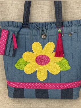 Handmade vintage denim and flowers patchwork tote bag